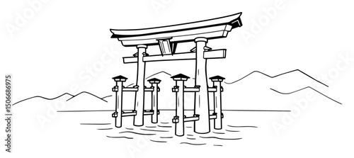 japanese torii gate outline vector landscape