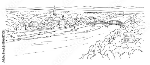 old town and river landscape outline drawing