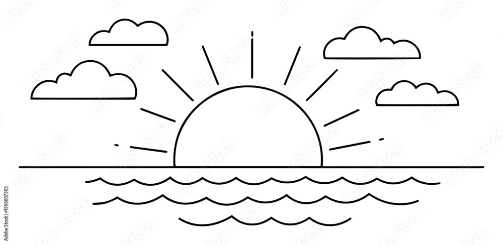 sunset over sea with clouds black vector outline in child style