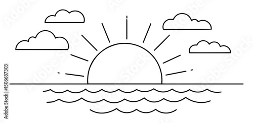 sunset over sea with clouds black vector outline in child style