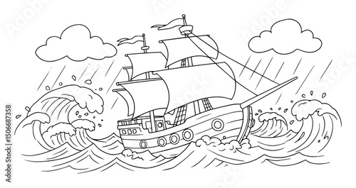 pirate ship in stormy sea black vector outline in child style