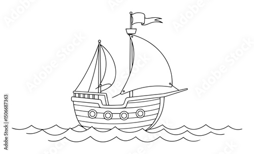 cartoon sailing ship on calm water black vector outline in child style