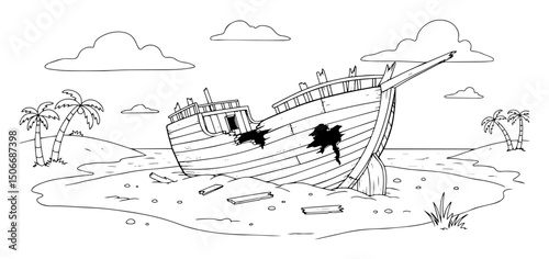 shipwreck on tropical island beach black vector outline in child style