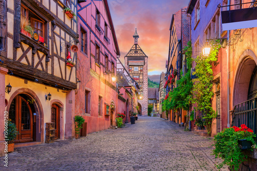 Fototapeta Naklejka Na Ścianę i Meble -  Riquewihr, France. Picturesque street with traditional half timbered houses on the Alsace Wine Route.