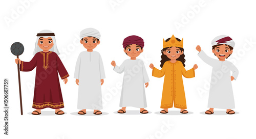 Cartoon Children in Traditional Omani Clothing and Accessories