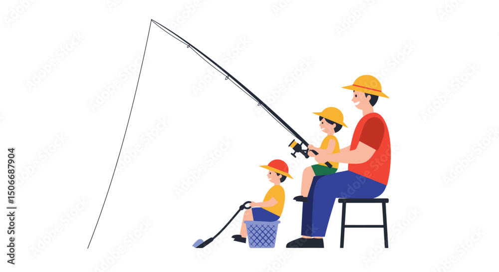 Obraz premium Father and Sons Fishing Together with Rod and Bucket