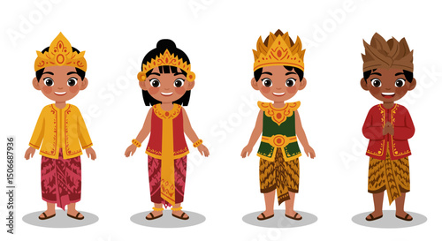 Four Children in Traditional Indonesian Wedding Attire Cartoon Illustration