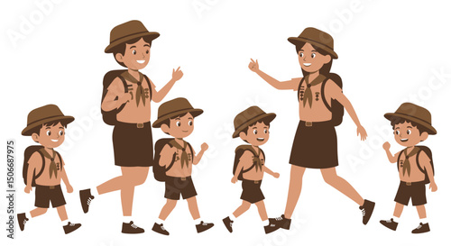 Group of Scouts Walking and Waving with Backpacks and Hats