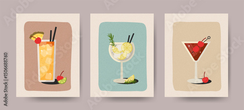 Summer vintage cards set with hand-drawn cocktails. Creative poster series featuring colorful beverages with fruit, ice, and mint. Ideal for bar menus, parties, pubs, restaurants, and summer events