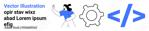 Person gesturing toward a gear icon and code brackets. Ideal for coding, software, teamwork, innovation, process development, collaboration, simple landing page