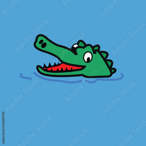 vector illustration of a green crocodile emerging from the water with only its head visible.