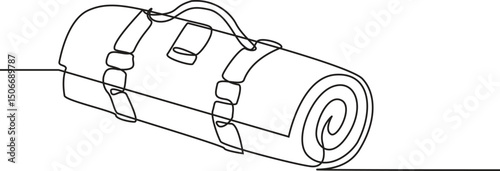Camping Mat Line Drawing, Tourist equipment minimal web banner ,background, poster with camping backpack. Vector minimalist background. One continuous line drawing, vector Illustration.