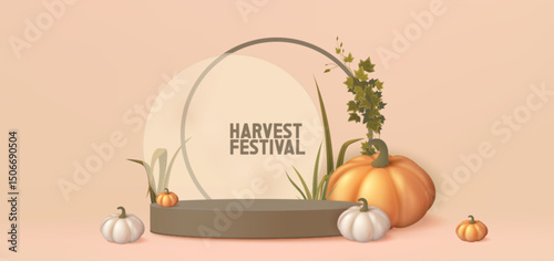 Harvest festival podium stage decorated with orange pumpkins, green ivy leaves on pastel background. Minimal fall season display, 3d cylinder platform for thanksgiving holiday product presentation.