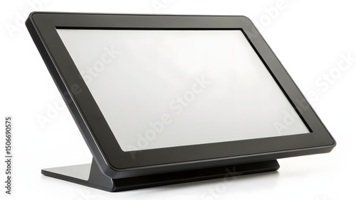 Modern touchscreen POS terminal mockup with blank digital interface on stand, isolated black point-of-sale frame for store or restaurant use