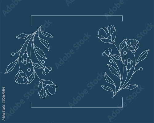 Floral and square hand drawn style. Floral navy frame of twigs, leaves and flowers. Frames for the Valentine's day, wedding decor, logo and identity template.