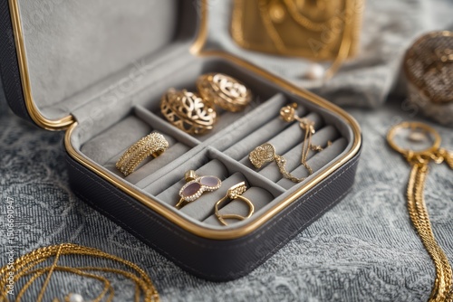 Elegant Gold Jewelry In A Dark Gray Box On Gray Fabric