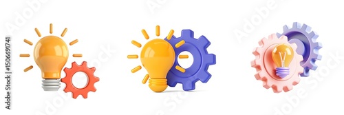 Creative idea generation: set of 3d icons with lightbulb and gear on white background
