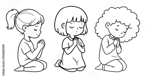 praying girls outline - kneeling children in prayer vector