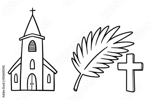 palm sunday symbols outline - church cross and palm leaf vector