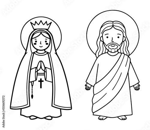 jesus and mary cartoon outline - religious figures vector set