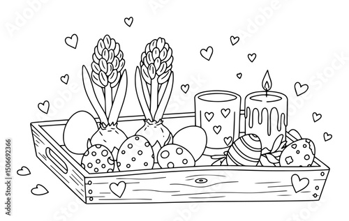 easter tray decoration outline - candles eggs and flowers vector