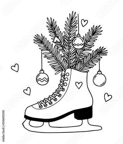 christmas skate decor outline - ice shoe with tree branches vector