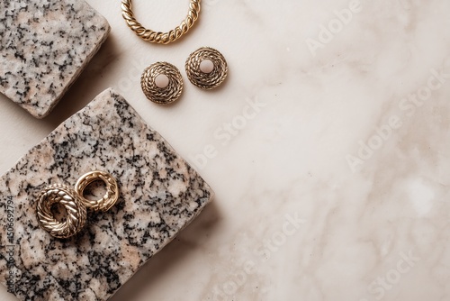 Elegant Gold Jewelry On Beige Glittery Backgrounds
