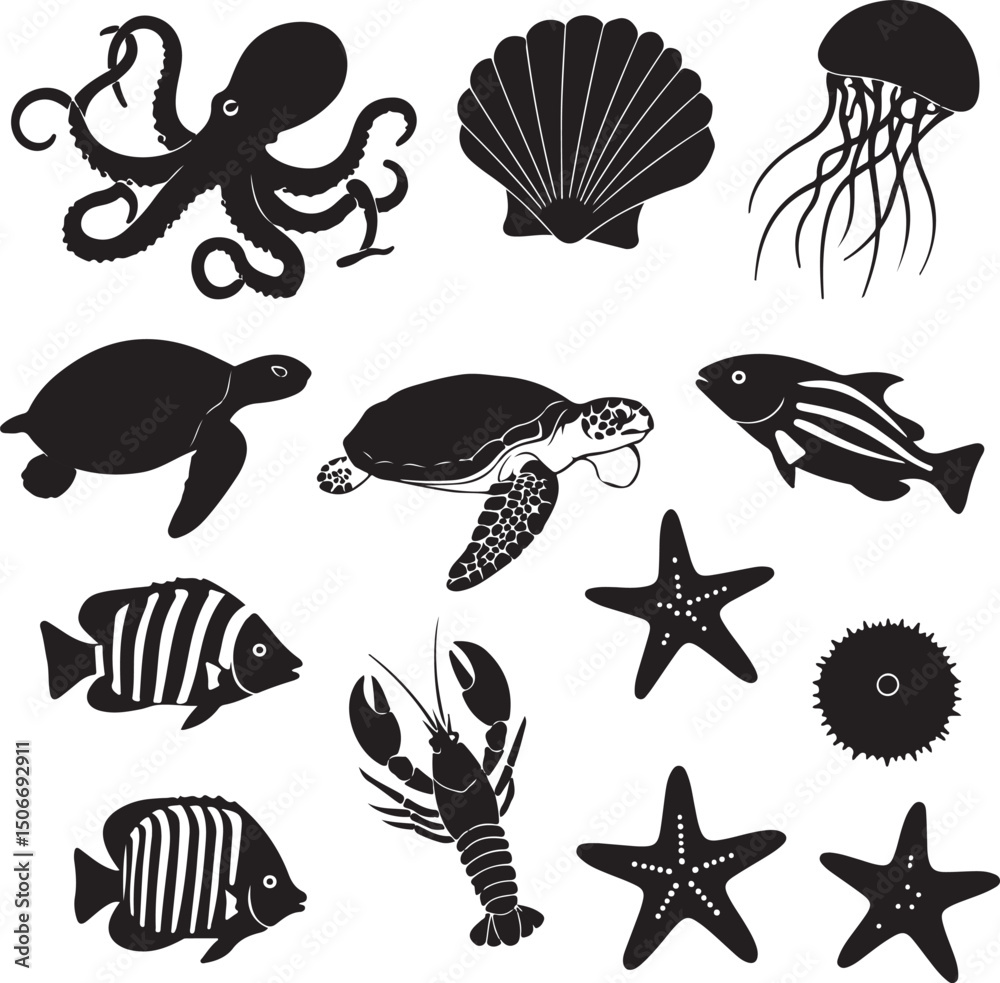 Fototapeta premium Black Silhouette Sea Creatures 