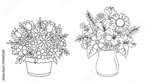 flower pot set outline - wedding floral decoration vector