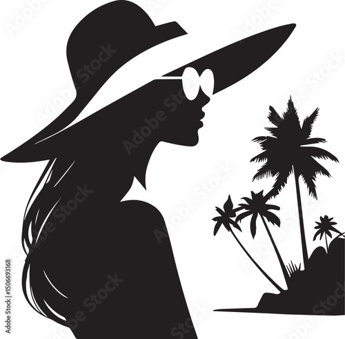 Elegant Woman in Summer Hat at Tropical Beach – Vector Silhouette Art