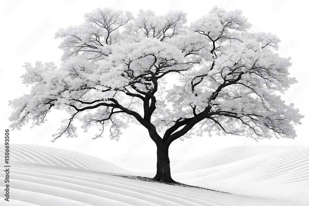 Fototapeta premium Bare Oak Tree in Snowy Winter Landscape – Serene Minimalist Monochrome Photorealistic Scene