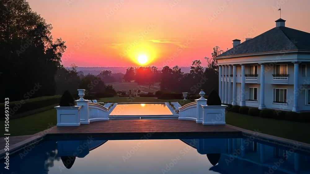 Serene sunrise over a reflecting pool and grand estate