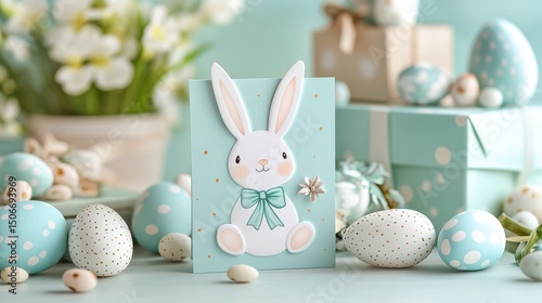 Easter Bunny Card with Decorative Eggs and Spring Flowers Arrangement