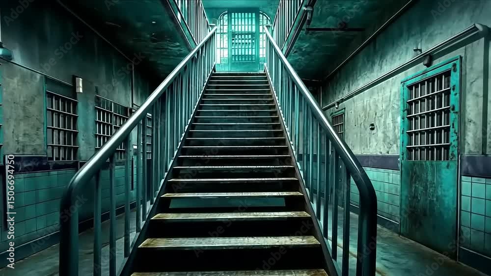Intriguing Hallway with Stairs Leading to a Secure Metal Door and Jail Cells Intriguing Hallway with Stairs Leading to a Secure Metal Door and Jail Cells