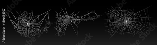 Halloween old spooky cobweb with various sizes and shapes. Old spider web set vector illustration dark gothic decoration for holidays. Corner spider net insect thread cobweb scary frames.