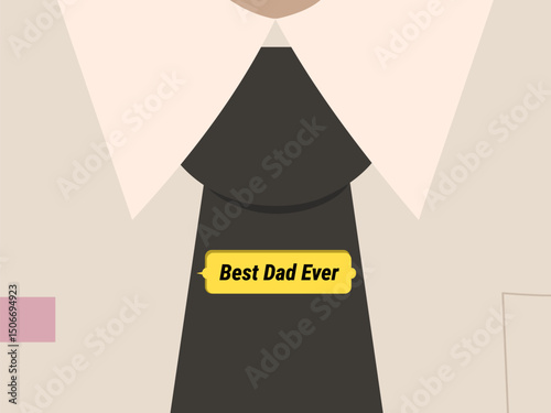 A Best Dad Ever brooch is displayed on a black necktie, worn with a beige shirt and white collar. The simple flat design celebrates fatherhood with appreciation and love.