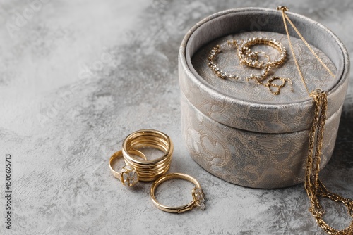 Gold Jewelry and Accessories in a Gray Box on a Stone Surface