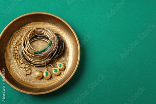 Gold Bangles And Green Gemstone Earrings In Brass Bowl On Dark Green Background