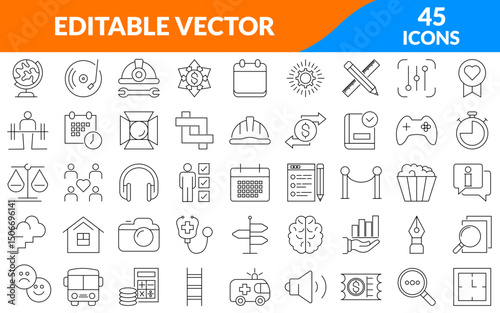 Set of 45 flat icons. Linear icon collection. Editable stroke. Vector illustration