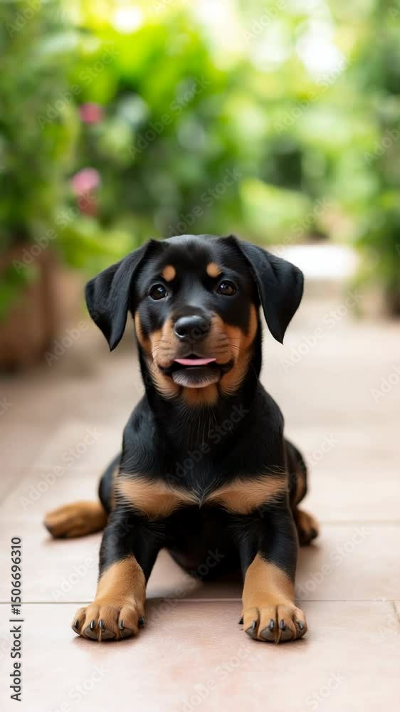 Adorable rottweiler puppy relaxing outdoors with tongue out on sunny day