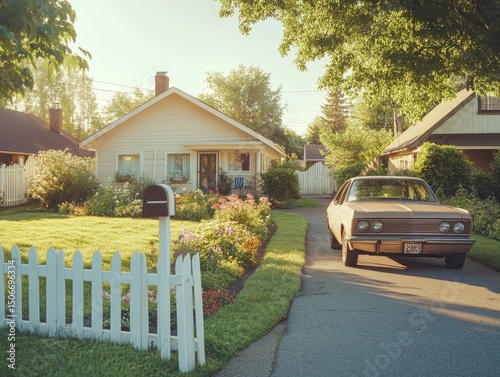 A Picturesque Suburban Home with Vintage Car: A Serene Scene of American Residential Architecture and Landscaping on a Sunny Day