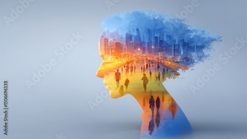 Double exposure illustration blending woman head profile silhouette with skyline and walking people, representing impact of hectic city life on mental health