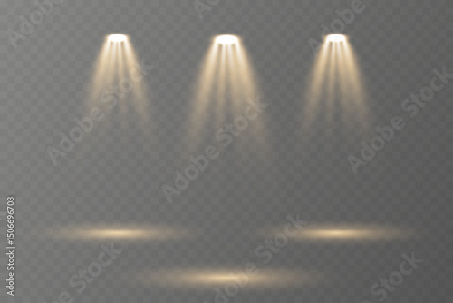 Realistic spotlights shine brightly on transparent background.
Soft projector beams reflect subtly on glossy floor.
Focused light rays create dramatic stage composition.
Concert lighting glows
