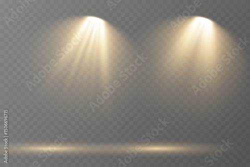 Realistic spotlights shine brightly on transparent background.
Soft projector beams reflect subtly on glossy floor.
Focused light rays create dramatic stage composition.
Concert lighting glows