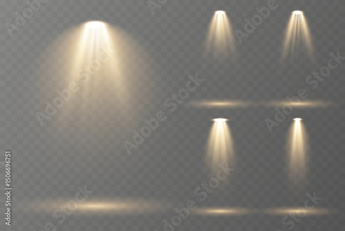 Stage spotlights emit strong white directional light beams.
Reflections add depth to spotlight scenes on floor.
Transparent allows seamless web or poster use.
Concert lighting set includes soft beams