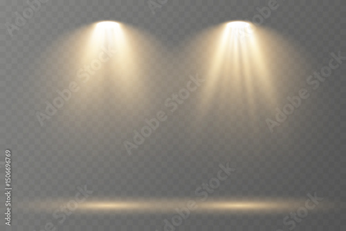 Realistic spotlights shine brightly on transparent background.
Soft projector beams reflect subtly on glossy floor.
Focused light rays create dramatic stage composition.
Concert lighting glows