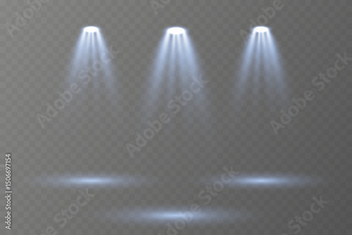 Stage spotlights emit strong white directional light beams.
Reflections add depth to spotlight scenes on floor.
Transparent allows seamless web or poster use.
Concert lighting set includes soft beams