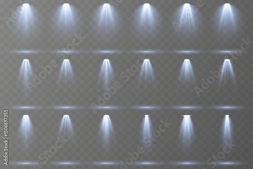 Realistic spotlights shine brightly on transparent background.
Soft projector beams reflect subtly on glossy floor.
Focused light rays create dramatic stage composition.
Concert lighting glows