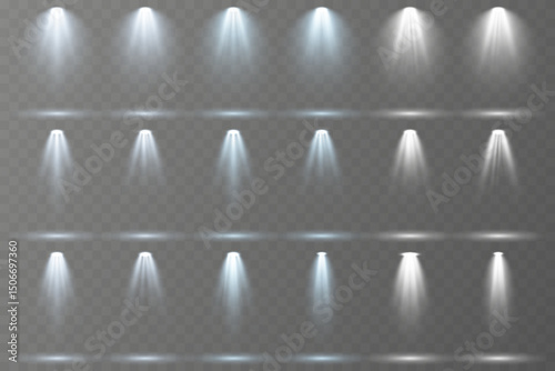 Stage spotlights emit strong white directional light beams.
Reflections add depth to spotlight scenes on floor.
Transparent allows seamless web or poster use.
Concert lighting set includes soft beams