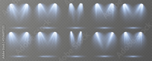 Stage spotlights emit strong white directional light beams.
Reflections add depth to spotlight scenes on floor.
Transparent allows seamless web or poster use.
Concert lighting set includes soft beams